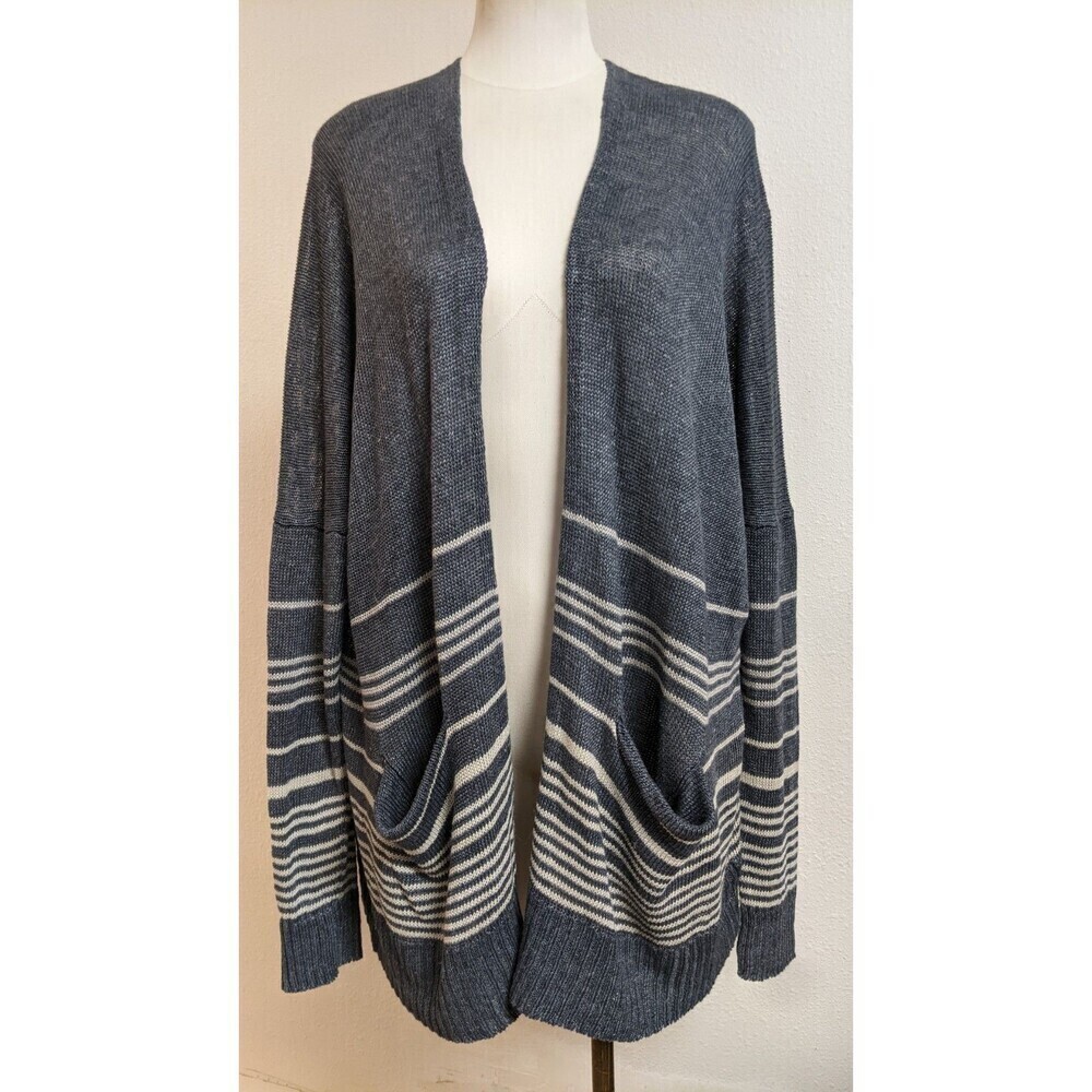 Margaret O'Leary 100% Linen Gray/White Striped Oversized Cardigan Sweater 2/SM